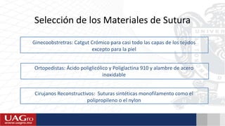 Selección de los Materiales de Sutura
Ginecoobstretras: Catgut Crómico para casi todo las capas de los tejidos
excepto para la piel
Ortopedistas: Ácido poliglicólico y Poliglactina 910 y alambre de acero
inoxidable
Cirujanos Reconstructivos: Suturas sintéticas monofilamento como el
polipropileno o el nylon
 