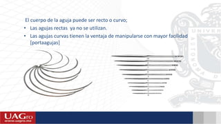 El cuerpo de la aguja puede ser recto o curvo;
• Las agujas rectas ya no se utilizan.
• Las agujas curvas tienen la ventaja de manipularse con mayor facilidad
[portaagujas]
 
