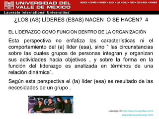 ¿ LOS (AS) LÍDERES (ESAS) NACEN  O SE HACEN?  4 EL LIDERAZGO COMO FUNCION DENTRO DE LA ORGANIZACIÓN Esta perspectiva no enfatiza las características ni el comportamiento del (a) líder (esa), sino " las circunstancias sobre las cuales grupos de personas integran y organizan sus actividades hacia objetivos , y sobre la forma en la función del liderazgo es analizada en términos de una relación dinámica”. Según esta perspectiva el (la) líder (esa) es resultado de las necesidades de un grupo . Liderazgo. En:  http://www.monografias.com/tr abajos/liderazgo/liderazgo.shtml 