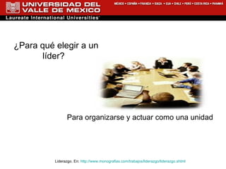 ¿Para qué elegir a un líder?  Liderazgo. En:  http://www.monografias.com/trabajos/liderazgo/liderazgo.shtml Para organizarse y actuar como una unidad 
