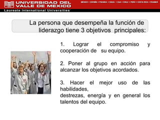 La persona que desempeña la función de  liderazgo tiene 3 objetivos  principales: 1. Lograr el compromiso y cooperación de  su equipo. 2. Poner al grupo en acción para alcanzar los objetivos acordados. 3. Hacer el mejor uso de las habilidades, destrezas, energía y en general los talentos del equipo. 