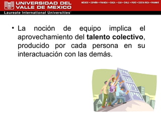 La noción de equipo implica el aprovechamiento del   talento colectivo , producido por cada persona en su interactuación con las demás. 