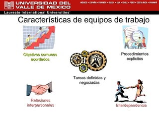 Características de equipos de trabajo Objetivos comunes acordados Tareas definidas y negociadas Procedimientos explicitos Interdependencia Relaciones interpersonales 