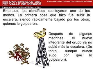 Entonces, los científicos sustituyeron uno de los monos. La primera cosa que hizo fue subir la escalera, siendo rápidamente bajado por los otros, quienes le golpearon . Después de algunas madrinas, el nuevo integrante del grupo ya no subió más la escalera. (De tonto... aunque nunca supo por qué lo golpearon). 