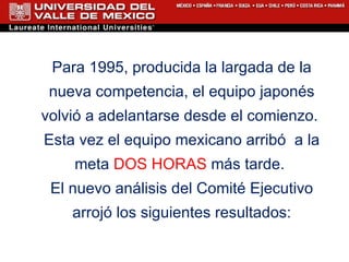 Para  1995, producida la largada de la nueva competencia, el equipo japonés volvió a adelantarse desde el comienzo.  Esta vez el equipo mexicano arribó  a la meta  DOS HORAS  m á s tarde.  El nuevo análisis del Comité Ejecutivo arrojó los siguientes resultados: 