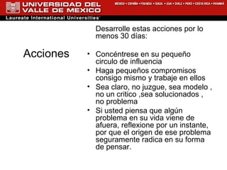 Acciones Desarrolle estas acciones por lo menos 30 días: Concéntrese en su pequeño circulo de influencia Haga pequeños compromisos consigo mismo y trabaje en ellos Sea claro, no juzgue, sea modelo , no un critico ,sea solucionados , no problema  Si usted piensa que algún problema en su vida viene de afuera, reflexione por un instante, por que el origen de ese problema seguramente radica en su forma de pensar. 
