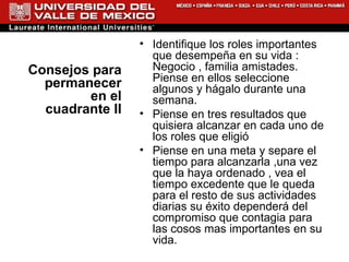 Consejos para permanecer en el cuadrante II Identifique los roles importantes que desempeña en su vida : Negocio , familia amistades. Piense en ellos seleccione algunos y hágalo durante una semana. Piense en tres resultados que quisiera alcanzar en cada uno de los roles que eligió  Piense en una meta y separe el tiempo para alcanzarla ,una vez que la haya ordenado , vea el tiempo excedente que le queda para el resto de sus actividades diarias su éxito dependerá del compromiso que contagia para las cosos mas importantes en su vida. 