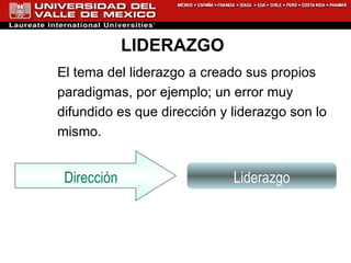 LIDERAZGO   El tema del liderazgo a creado sus propios paradigmas, por ejemplo; un error muy difundido es que dirección y liderazgo son lo mismo. Liderazgo Dirección  