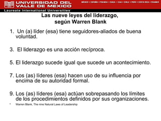 Las nueve leyes del liderazgo,  según Warren Blank Un (a) líder (esa) tiene seguidores-aliados de buena voluntad. El liderazgo es una acción recíproca. El liderazgo sucede igual que sucede un acontecimiento. Los (as) líderes (esa) hacen uso de su influencia por encima de su autoridad formal. Los (as) líderes (esa) actúan sobrepasando los límites de los procedimientos definidos por sus organizaciones. Warren Blank, The nine Natural Laws of Leadership   