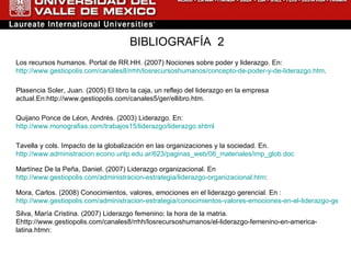 BIBLIOGRAFÍA  2 Los recursos humanos. Portal de RR.HH. (2007) Nociones sobre poder y liderazgo. En:  http://www.gestiopolis.com/canales8/rrhh/losrecursoshumanos/concepto-de-poder-y-de-liderazgo.htm . Plasencia Soler, Juan. (2005) El libro la caja, un reflejo del liderazgo en la empresa actual.En: http://www.gestiopolis.com/canales5/ger/ellibro.htm . Quijano Ponce de Léon, Andrés. (2003) Liderazgo. En: http://www.monografias.com/trabajos15/liderazgo/liderazgo.shtml Tavella y cols. Impacto de la globalización en las organizaciones y la sociedad. En.  http://www.administracion.econo.unlp.edu.ar/623/paginas_web/06_materiales/imp_glob.doc Martínez De la Peña, Daniel. (2007) Liderazgo organizacional. En http://www.gestiopolis.com/administracion-estrategia/liderazgo-organizacional.htm :  Mora, Carlos. (2008)  Conocimientos, valores, emociones en el liderazgo gerencial. En :  http://www.gestiopolis.com/administracion-estrategia/conocimientos-valores-emociones-en-el-liderazgo-gerencial.htm Silva, María Cristina. (2007) Liderazgo femenino: la hora de la matria. E http://www.gestiopolis.com/canales8/rrhh/losrecursoshumanos/el-liderazgo-femenino-en-america-latina.htm n:  
