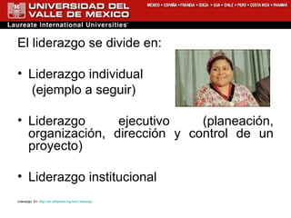 El liderazgo se divide en: Liderazgo individual  (ejemplo a seguir) Liderazgo ejecutivo (planeación, organización, dirección y control de un proyecto) Liderazgo institucional Liderazgo. En : http://es.wikipedia.org/wiki/Liderazgo 