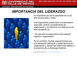 IMPORTANCIA DEL LIDERAZGO Es importante por ser la capacidad de un (a) jefe (a) para guiar y dirigir.  Una organización puede tener una planeación adecuada, control y procedimiento de organización y no sobrevivir a la falta de un (a) líder apropiado (a).  ¨ Es vital para la supervivencia de cualquier negocio u organización”.  Por lo contrario, muchas organizaciones con una planeación deficiente y malas técnicas de organización y control han sobrevivido debido a la presencia de un liderazgo dinámico.  Lassig, Adriana. Liderazgo. En: http://www.rrppnet.com.ar/liderazgo1.htm 