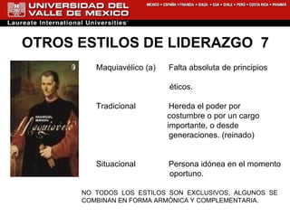 OTROS ESTILOS DE LIDERAZGO  7 Maquiavélico (a) Falta absoluta de principios  éticos. Tradicional Hereda el poder por  costumbre o por un cargo  importante, o desde  generaciones. (reinado)  Situacional Persona idónea en el momento oportuno.  NO TODOS LOS ESTILOS SON EXCLUSIVOS, ALGUNOS SE  COMBINAN EN FORMA ARMÓNICA Y COMPLEMENTARIA. Liderazgo. En : http://es.wikipedia.org/wiki/Liderazgo 