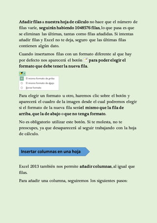 Añadir filas a nuestra hoja de cálculo no hace que el número de 
filas varíe, seguirán habiendo 1048576 filas, lo que pasa es que 
se eliminan las últimas, tantas como filas añadidas. Si intentas 
añadir filas y Excel no te deja, seguro que las últimas filas 
contienen algún dato. 
Cuando insertamos filas con un formato diferente al que hay 
por defecto nos aparecerá el botón para poder elegir el 
formato que debe tener la nueva fila. 
Para elegir un formato u otro, haremos clic sobre el botón y 
aparecerá el cuadro de la imagen desde el cual podremos elegir 
si el formato de la nueva fila seráel mismo que la fila de 
arriba, que la de abajo o que no tenga formato. 
No es obligatorio utilizar este botón. Si te molesta, no te 
preocupes, ya que desaparecerá al seguir trabajando con la hoja 
de cálculo. 
Insertar columnas en una hoja 
Excel 2013 también nos permite añadir columnas, al igual que 
filas. 
Para añadir una columna, seguiremos los siguientes pasos: 
 