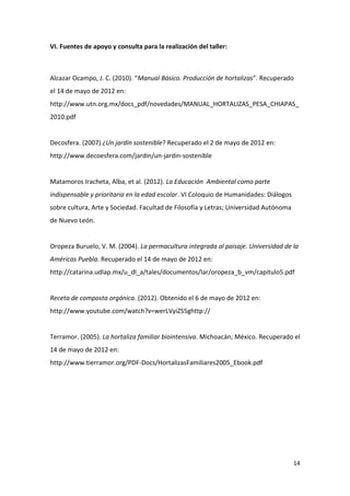 VI. Fuentes de apoyo y consulta para la realización del taller:



Alcazar Ocampo, J. C. (2010). “Manual Básico. Producción de hortalizas”. Recuperado
el 14 de mayo de 2012 en:
http://www.utn.org.mx/docs_pdf/novedades/MANUAL_HORTALIZAS_PESA_CHIAPAS_
2010.pdf


Decosfera. (2007) ¿Un jardín sostenible? Recuperado el 2 de mayo de 2012 en:
http://www.decoesfera.com/jardin/un-jardin-sostenible


Matamoros Iracheta, Alba, et al. (2012). La Educación Ambiental como parte
indispensable y prioritaria en la edad escolar. VI Coloquio de Humanidades: Diálogos
sobre cultura, Arte y Sociedad. Facultad de Filosofía y Letras; Universidad Autónoma
de Nuevo León.


Oropeza Buruelo, V. M. (2004). La permacultura integrada al paisaje. Universidad de la
Américas Puebla. Recuperado el 14 de mayo de 2012 en:
http://catarina.udlap.mx/u_dl_a/tales/documentos/lar/oropeza_b_vm/capitulo5.pdf


Receta de composta orgánica. (2012). Obtenido el 6 de mayo de 2012 en:
http://www.youtube.com/watch?v=werLVyiZS5ghttp://


Terramor. (2005). La hortaliza familiar biointensiva. Michoacán; México. Recuperado el
14 de mayo de 2012 en:
http://www.tierramor.org/PDF-Docs/HortalizasFamiliares2005_Ebook.pdf




                                                                                       14
 