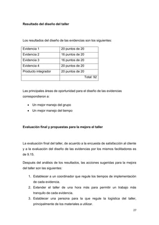 Resultado del diseño del taller




Los resultados del diseño de las evidencias son los siguientes:

Evidencia 1                  20 puntos de 20
Evidencia 2                  16 puntos de 20
Evidencia 3                  16 puntos de 20
Evidencia 4                  20 puntos de 20
Producto integrador          20 puntos de 20
                                               Total: 92



Las principales áreas de oportunidad para el diseño de las evidencias
correspondieron a:

       Un mejor manejo del grupo
       Un mejor manejo del tiempo




Evaluación final y propuestas para la mejora el taller




La evaluación final del taller, de acuerdo a la encuesta de satisfacción al cliente
y a la evaluación del diseño de las evidencias por los mismos facilitadores es
de 9.15.

Después del análisis de los resultados, las acciones sugeridas para la mejora
del taller son las siguientes:

    1. Establecer a un coordinador que regule los tiempos de implementación
        de cada evidencia.
    2. Extender el taller de una hora más para permitir un trabajo más
        tranquilo de cada evidencia.
    3. Establecer una persona para la que regule la logística del taller,
        principalmente de los materiales a utilizar.
                                                                                27
 