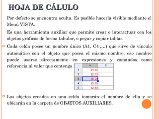 HOJA DE CÁLULO
    Por defecto se encuentra oculta. Es posible hacerla visible mediante el
    Menú VISTA.
    Es una herramienta auxiliar que permite crear e interactuar con los
    objetos gráficos de forma tabular, o pegar y copiar tablas.
   Cada celda posee un nombre único (A1, C4 ,…) que sirve de vínculo
    automático con el objeto que posea el mismo nombre, ese nombre
    puede usarse directamente en expresiones y comandos como
    referencia al valor que contenga la celda.




   Los objetos creados en una celda tomarán el nombre de ella y se
    ubicarán en la carpeta de OBJETOS AUXILIARES.
 