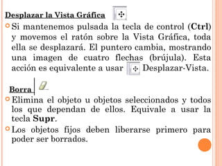 Desplazar la Vista Gráfica
 Simantenemos pulsada la tecla de control (Ctrl)
 y movemos el ratón sobre la Vista Gráfica, toda
 ella se desplazará. El puntero cambia, mostrando
 una imagen de cuatro flechas (brújula). Esta
 acción es equivalente a usar     Desplazar-Vista.

 Borra
 Elimina  el objeto u objetos seleccionados y todos
  los que dependan de ellos. Equivale a usar la
  tecla Supr.
 Los objetos fijos deben liberarse primero para
  poder ser borrados.
 