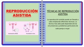 REPRODUCCIÓN
ASISTIDA
TÉCNICAS DE REPRODUCCIÓN
ASISTIDA
La reproducción asistida puede ser llevada a
cabo empleando diferentes técnicas. La
técnica más adecuada dependerá de las
circunstancias y problemas particulares de
cada pareja o mujer.
 