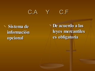 C.A  Y  C.F Sistema de información opcional De acuerdo a las leyes mercantiles es obligatoria  