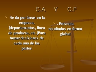 C.A  Y  C.F Se da por áreas en la empresa, (departamentos, línea de producto, etc.)Para tomar decisiones de cada una de las partes . Presenta resultados en forma global 