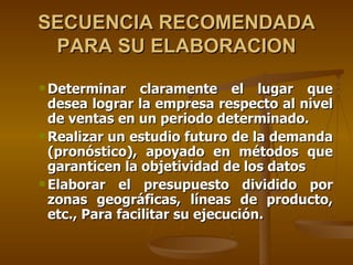 SECUENCIA RECOMENDADA PARA SU ELABORACION Determinar claramente el lugar que desea lograr la empresa respecto al nivel de ventas en un periodo determinado. Realizar un estudio futuro de la demanda (pronóstico), apoyado en métodos que garanticen la objetividad de los datos Elaborar el presupuesto dividido por zonas geográficas, líneas de producto, etc., Para facilitar su ejecución. 