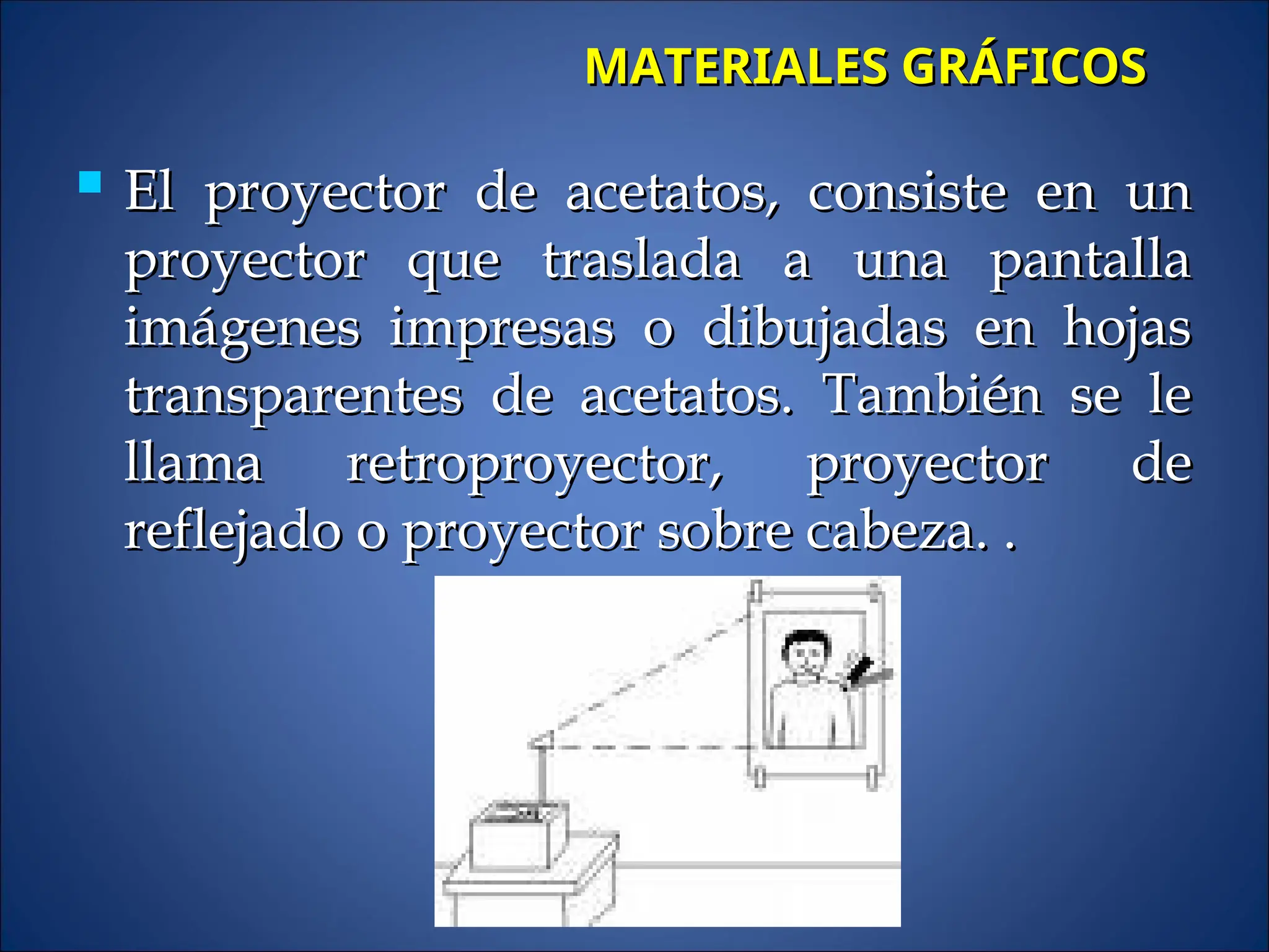  El proyector de acetatos, consiste en un
El proyector de acetatos, consiste en un
proyector que traslada a una pantalla
proyector que traslada a una pantalla
imágenes impresas o dibujadas en hojas
imágenes impresas o dibujadas en hojas
transparentes de acetatos. También se le
transparentes de acetatos. También se le
llama retroproyector, proyector de
llama retroproyector, proyector de
reflejado o proyector sobre cabeza. .
reflejado o proyector sobre cabeza. .
MATERIALES GRÁFICOS
MATERIALES GRÁFICOS
 