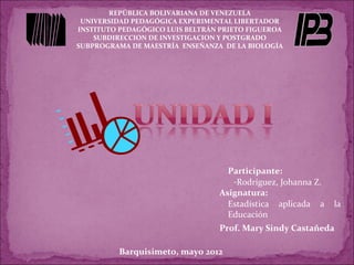 REPÚBLICA BOLIVARIANA DE VENEZUELA
 UNIVERSIDAD PEDAGÓGICA EXPERIMENTAL LIBERTADOR
INSTITUTO PEDAGÓGICO LUIS BELTRÁN PRIETO FIGUEROA
    SUBDIRECCION DE INVESTIGACION Y POSTGRADO
SUBPROGRAMA DE MAESTRÍA ENSEÑANZA DE LA BIOLOGÍA




                                   Participante:
                                    -Rodríguez, Johanna Z.
                                 Asignatura:
                                   Estadística aplicada a    la
                                   Educación
                                 Prof. Mary Sindy Castañeda

          Barquisimeto, mayo 2012
 