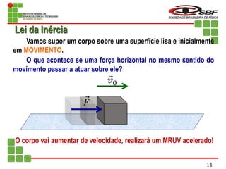 Vamos supor um corpo sobre uma superfície lisa e inicialmente
em MOVIMENTO.
O que acontece se uma força horizontal no mesmo sentido do
movimento passar a atuar sobre ele?
O corpo vai aumentar de velocidade, realizará um MRUV acelerado!
𝐹
𝑣0
Lei da Inércia
11
 