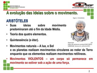 A evolução das ideias sobre o movimento.
ARISTÓTELES
• Suas ideias sobre movimento
predominaram até o fim da Idade Média.
• Teoria dos quatro elementos.
• Quintessência (o éter).
• Movimentos naturais – A lua, o Sol
e os planetas realizam movimentos circulares ao redor da Terra
enquanto que os elementos realizam movimentos retilíneos.
• Movimentos VIOLENTOS – um corpo só permanece em
movimento se estiver sob a ação de uma força.
Disponível em
https://br.pinterest.com/pin/5587278975
02882648/. Acesso em junho de 2017.
Figura 1: Aristóteles
2
 