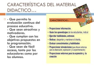 CARACTERÍSTICAS DEL MATERIAL DIDACTICO… - Que permita la evaluación continua del proceso educativo. - Que sean atractivos y motivadores. - Que cumplan con los objetivos propuestos en la programación. - Que sean de fácil acceso, tanto por los educadores como por los alumnos. CARACTERISTICAS :