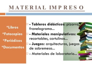 MATERIAL IMPRESO - Tableros didácticos: pizarra, franelograma... - Materiales manipulativos: recortables, cartulinas... - Juegos: arquitecturas, juegos de sobremesa... - Materiales de laboratorio... *Libros *Fotocopias *Periódicos *Documentos
