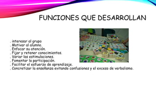 FUNCIONES QUE DESARROLLAN 
. interesar al grupo 
. Motivar al alumno. 
. Enfocar su atención. 
. Fijar y retener conocimientos. 
. Variar las estimulaciones. 
. Fomentar la participación. 
. Facilitar el esfuerzo de aprendizaje. 
. Concretizar la enseñanza evitando confusiones y el exceso de verbalismo. 
 