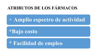 ATRIBUTOS DE LOS FÁRMACOS
+ Amplio espectro de actividad
*Bajo costo
* Facilidad de empleo
 