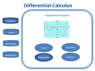 Polynomial Function
Functions



   Limits



Derivatives
                Linear              Quadratic


Application
              Polynomial             Rational
 