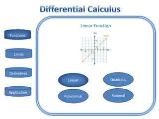 Linear Function
Functions



   Limits



Derivatives
                Linear                 Quadratic


Application
              Polynomial                   Rational
 