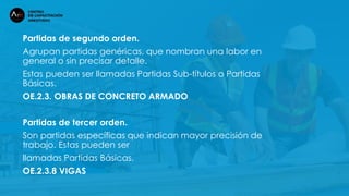 Partidas de segundo orden.
Agrupan partidas genéricas, que nombran una labor en
general o sin precisar detalle.
Estas pueden ser llamadas Partidas Sub-títulos o Partidas
Básicas.
OE.2.3. OBRAS DE CONCRETO ARMADO
Partidas de tercer orden.
Son partidas específicas que indican mayor precisión de
trabajo. Estas pueden ser
llamadas Partidas Básicas.
OE.2.3.8 VIGAS
 