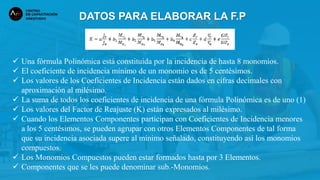  Una fórmula Polinómica está constituida por la incidencia de hasta 8 monomios.
 El coeficiente de incidencia mínimo de un monomio es de 5 centésimos.
 Los valores de los Coeficientes de Incidencia están dados en cifras decimales con
aproximación al milésimo.
 La suma de todos los coeficientes de incidencia de una fórmula Polinómica es de uno (1)
 Los valores del Factor de Reajuste (K) están expresados al milésimo.
 Cuando los Elementos Componentes participan con Coeficientes de Incidencia menores
a los 5 centésimos, se pueden agrupar con otros Elementos Componentes de tal forma
que su incidencia asociada supere al mínimo señalado, constituyendo así los monomios
compuestos.
 Los Monomios Compuestos pueden estar formados hasta por 3 Elementos.
 Componentes que se les puede denominar sub.-Monomios.
DATOS PARA ELABORAR LA F.P
 