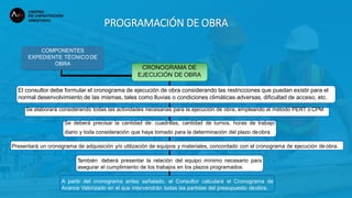 PROGRAMACIÓN DE OBRA
COMPONENTES
EXPEDIENTE TÉCNICO DE
OBRA
CRONOGRAMA DE
EJECUCIÓN DE OBRA
El consultor debe formular el cronograma de ejecución de obra considerando las restricciones que puedan existir para el
normal desenvolvimiento de las mismas, tales como lluvias o condiciones climáticas adversas, dificultad de acceso, etc.
Se elaborará considerando todas las actividades necesarias para la ejecución de obra, empleando el método PERT o CPM
Se deberá precisar la cantidad de: cuadrillas, cantidad de turnos, horas de trabajo
diario y toda consideración que haya tomado para la determinación del plazo deobra.
Presentará un cronograma de adquisición y/o utilización de equipos y materiales, concordado con el cronograma de ejecución de obra.
T
ambién deberá presentar la relación del equipo mínimo necesario para
asegurar el cumplimiento de los trabajos en los plazos programados.
A partir del cronograma antes señalado, el Consultor calculará el Cronograma de
Avance Valorizado en el que intervendrán todas las partidas del presupuesto deobra.
 