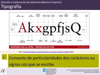 [Deseño e elaboración de Material didáctico impreso]
Tipografía
Fonte : http://marianaeguaras.com/que-tipografia-usar-para-libros-impresos-y-digitales/ Baixo CC BY-NC-SA
Conxunto de particularidades dos carácteres ou
signos cos que se escribe
1.
MF1443_3- SELECCIÓN, ELABORACIÓN, ADAPTACIÓN E UTILIZACIÓN DE
MATERIAIS, MEDIOS E RECURSOS DIDÁCTICOS EN FORMACIÓN
PROFESIONAL PARA O EMPREGO
 