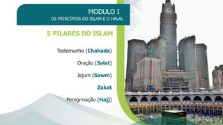 MODULO I
OS PRINCÍPIOS DO ISLAM E O HALAL
5 PILARES DO ISLAM
Testemunho (Chahada)
Oração (Salat)
Jejum (Sawm)
Zakat
Peregrinação (Hajj)
 