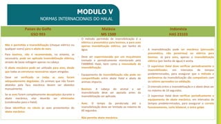 MODULO V
NORMAS INTERNACIONAIS DO HALAL
MODULO V
NORMAS INTERNACIONAIS DO HALAL
Países do Golfo
GSO 993
Malásia
MS 1500
Indonésia
HAS 23103
- Não é permitida a insensibilização (choque elétrico ou
qualquer outro) para o abate de aves.
- Para bovinos, não é recomendada, no entanto, se
necessária, pode ser aplicada insensibilização elétrica,
através de baixa voltagem apenas na cabeça
- O abate mecânico pode ser utilizado para aves, desde
que todas as estruturas necessárias sejam atingidas.
- Deve ser verificado se todas as aves foram
adequadamente degoladas. Os animais que não foram
abatidos pela faca mecânica devem ser abatidos
manualmente.
- Se as aves forem completamente decapitadas durante o
abate mecânico, elas deverão ser eliminadas
(condenadas para o Halal).
- Deve identificar no rótulo as aves provenientes do
abate mecânico.
- O método permitido de insensibilização é a
elétrica e pneumática para bovinos, e para aves
apenas insenbilização elétrica, por banho de
água.
- Deve ser supervisionada por um muçulmano
treinado e periodicamente monitorado pela
FAMBRAS Halal, bem como a intensidade da
insensibilização.
- Equipamento de insensibilização não pode ser
compartilhado entre abate Halal e abate de
animais impuros.
- Bovinos: A cabeça do animal a ser
insensibilizado deve ser apoiada antes da
insensibilização ser aplicada.
- Aves: O tempo da pendurada até a
insensibilização deve ser limitado ao máximo de
60 segundos.
- Não permite abate mecânico.
- A insensibilização pode ser mecânica (percussão
pneumática, não penetrava) ou elétrica para
bovinos. Já para aves, apenas a insensibilização
elétrica (por banho de água) é aceita.
- O supervisor Halal deve verificar periodicamente o
insensibilizador, em intervalos de tempos
predeterminados, para assegurar que o método e
parâmetros da insensibilização são compatíveis com
os valores aprovados na validação.
- O intervalo entre a insensibilização e o abate deve ser
no máximo de 10 segundos.
- O supervisor Halal deve verificar periodicamente o
equipamento de abate mecânico, em intervalos de
tempos predeterminados, para assegurar o correto
funcionamento, corte bilateral, e único golpe.
 