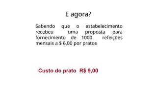 E agora?
Sabendo que o estabelecimento
recebeu uma proposta para
fornecimento de 1000 refeições
mensais a $ 6,00 por pratos
Custo do prato R$ 9,00
 