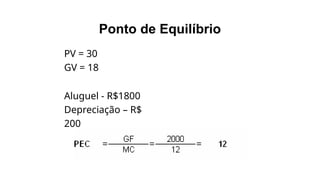 Ponto de Equilíbrio
PV = 30
GV = 18
Aluguel - R$1800
Depreciação – R$
200
 