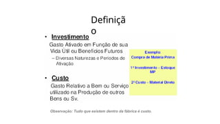 Definiçã
o
Observação: Tudo que existem dentro da fábrica é custo.
 