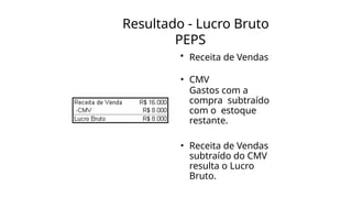 Resultado - Lucro Bruto
PEPS
• Receita de Vendas
• CMV
Gastos com a
compra subtraído
com o estoque
restante.
• Receita de Vendas
subtraído do CMV
resulta o Lucro
Bruto.
 