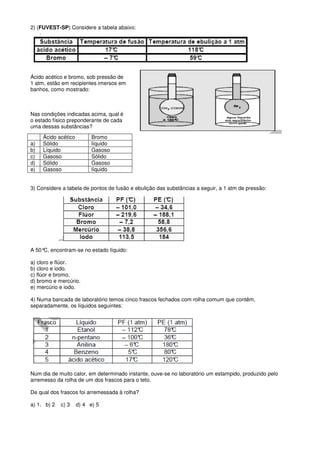 2) (FUVEST-SP) Considere a tabela abaixo:




Ácido acético e bromo, sob pressão de
1 atm, estão em recipientes imersos em
banhos, como mostrado:



Nas condições indicadas acima, qual é
o estado físico preponderante de cada
uma dessas substâncias?
     Ácido acético         Bromo
a)   Sólido                líquido
b)   Líquido               Gasoso
c)   Gasoso                Sólido
d)   Sólido                Gasoso
e)   Gasoso                líquido


3) Considere a tabela de pontos de fusão e ebulição das substâncias a seguir, a 1 atm de pressão:




A 50° encontram-se no estado líquido:
     C,

a) cloro e flúor.
b) cloro e iodo.
c) flúor e bromo.
d) bromo e mercúrio.
e) mercúrio e iodo.

4) Numa bancada de laboratório temos cinco frascos fechados com rolha comum que contêm,
separadamente, os líquidos seguintes:




Num dia de muito calor, em determinado instante, ouve-se no laboratório um estampido, produzido pelo
arremesso da rolha de um dos frascos para o teto.

De qual dos frascos foi arremessada à rolha?

a) 1. b) 2   c) 3    d) 4 e) 5
 