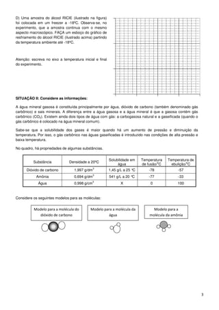 D) Uma amostra do álcool RICIE (ilustrado na figura)
foi colocada em um freezer a -18ºC. Observa-se, no
experimento, que a amostra continua com o mesmo
aspecto macroscópico. FAÇA um esboço do gráfico de
resfriamento do álcool RICIE (ilustrado acima) partindo
da temperatura ambiente até -18ºC.



Atenção: escreva no eixo a temperatura inicial e final
do experimento.




SITUAÇÂO II: Considere as informações:

A água mineral gasosa é constituída principalmente por água, dióxido de carbono (também denominado gás
carbônico) e sais minerais. A diferença entre a água gasosa e a água mineral é que a gasosa contém gás
carbônico (CO2). Existem ainda dois tipos de água com gás: a carbogasosa natural e a gaseificada (quando o
gás carbônico é colocado na água mineral comum).

Sabe-se que a solubilidade dos gases é maior quando há um aumento de pressão e diminuição da
temperatura. Por isso, o gás carbônico nas águas gaseificadas é introduzido nas condições de alta pressão e
baixa temperatura.

No quadro, há propriedades de algumas substâncias.


                                                          Solubilidade em    Temperatura   Temperatura de
          Substância            Densidade a 20ºC                                      o               o
                                                               água          de fusão/ C     ebulição/ C
                                                3
      Dióxido de carbono           1,997 g/dm             1,45 g/L a 25 °C       -78            -57
                                                3
            Amônia                 0,694 g/dm             541 g/L a 20 °C        -77            -33
                                                3
             Água                  0,998 g/cm                    X               0              100



Considere os seguintes modelos para as moléculas:


          Modelo para a molécula do          Modelo para a molécula da             Modelo para a
            dióxido de carbono                        água                       molécula da amônia




                                                                                                              3
 