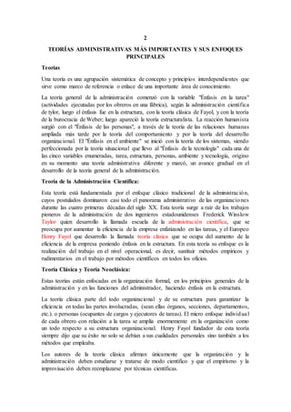 2
TEORÍAS ADMINISTRATIVAS MÁS IMPORTANTES Y SUS ENFOQUES
PRINCIPALES
Teorías
Una teoría es una agrupación sistemática de concepto y principios interdependientes que
sirve como marco de referencia o enlace de una importante área de conocimiento.
La teoría general de la administración comenzó con la variable "Énfasis en la tarea"
(actividades ejecutadas por los obreros en una fábrica), según la administración científica
de tylor, luego el énfasis fue en la estructura, con la teoría clásica de Fayol, y con la teoría
de la burocracia de Weber; luego apareció la teoría estructuralista. La reacción humanista
surgió con el "Énfasis de las personas", a través de la teoría de las relaciones humanas
ampliada más tarde por la teoría del comportamiento y por la teoría del desarrollo
organizacional. El "Énfasis en el ambiente" se inició con la teoría de los sistemas, siendo
perfeccionada por la teoría situacional que llevo al "Énfasis de la tecnología" cada una de
las cinco variables enumeradas, tarea, estructura, personas, ambiente y tecnología, origino
en su momento una teoría administrativa diferente y marcó, un avance gradual en el
desarrollo de la teoría general de la administración.
Teoría de la Administración Científica:
Esta teoría está fundamentada por el enfoque clásico tradicional de la administración,
cuyos postulados dominaron casi todo el panorama administrativo de las organizaciones
durante las cuatro primeras décadas del siglo XX. Esta teoría surge a raíz de los trabajos
pioneros de la administración de dos ingenieros estadounidenses Frederick Winslow
Taylor quien desarrollo la llamada escuela de la administración científica, que se
preocupa por aumentar la eficiencia de la empresa enfatizando en las tareas, y el Europeo
Henry Fayol que desarrollo la llamada teoría clásica que se ocupa del aumento de la
eficiencia de la empresa poniendo énfasis en la estructura. En esta teoría su enfoque es la
realización del trabajo en el nivel operacional, es decir, sustituir métodos empíricos y
rudimentarios en el trabajo por métodos científicos en todos los oficios.
Teoría Clásica y Teoría Neoclásica:
Estas teorías están enfocadas en la organización formal, en los principios generales de la
administración y en las funciones del administrador, haciendo énfasis en la estructura.
La teoría clásica parte del todo organizacional y de su estructura para garantizar la
eficiencia en todas las partes involucradas, (sean ellas órganos, secciones, departamentos,
etc.). o personas (ocupantes de cargos y ejecutores de tareas). El micro enfoque individual
de cada obrero con relación a la tarea se amplía enormemente en la organización como
un todo respecto a su estructura organizacional. Henry Fayol fundador de esta teoría
siempre dijo que su éxito no solo se debían a sus cualidades personales sino también a los
métodos que empleaba.
Los autores de la teoría clásica afirman únicamente que la organización y la
administración deben estudiarse y tratarse de modo científico y que el empirismo y la
improvisación deben reemplazarse por técnicas científicas.
 