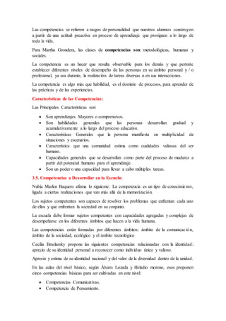 Las competencias se refieren a rasgos de personalidad que nuestros alumnos construyen
a partir de una actitud preactiva en proceso de aprendizaje que prosiguen a lo largo de
toda la vida.
Para Martha Grondera, las clases de competencias son: metodológicas, humanas y
sociales.
La competencia es un hacer que resulta observable para los demás y que permite
establecer diferentes niveles de desempeño de las personas en su ámbito personal y / o
profesional, ya sea durante, la realización de tareas diversas o en sus interacciones.
La competencia es algo más que habilidad, es el dominio de procesos, para aprender de
las prácticas y de las experiencias.
Características de las Competencias:
Las Principales Características son:
 Son aprendizajes Mayores o comprensivos.
 Son habilidades generales que las personas desarrollan gradual y
acumulativamente a lo largo del proceso educativo.
 Características Generales que la persona manifiesta en multiplicidad de
situaciones y escenarios.
 Característica que una comunidad estima como cualidades valiosas del ser
humano.
 Capacidades generales que se desarrollan como parte del proceso de madurez a
partir del potencial humano para el aprendizaje.
 Son un poder o una capacidad para llevar a cabo múltiples tareas.
3.5. Competencias a Desarrollar en la Escuela:
Nubia Marlen Baquero afirma lo siguiente: La competencia es un tipo de conocimiento,
ligada a ciertas realizaciones que van más allá de la memorización.
Los sujetos competentes son capaces de resolver los problemas que enfrentan cada uno
de ellos y que enfrentan la sociedad en su conjunto.
La escuela debe formar sujetos competentes con capacidades agregadas y complejas de
desempeñarse en los diferentes ámbitos que hacen a la vida humana.
Las competencias están formadas por diferentes ámbitos: ámbito de la comunicación,
ámbito de la sociedad, ecológico y el ámbito tecnológico
Cecilia Braslarsky propone las siguientes competencias relacionadas con la identidad:
aprecio de su identidad personal a reconocer como individuo único y valioso.
Aprecio y estima de su identidad nacional y del valor de la diversidad dentro de la unidad.
En las aulas del nivel básico, según Álvaro Lozada y Heladio moreno, esos proponen
cinco competencias básicas para ser cultivadas en este nivel:
 Competencias Comunicativas.
 Competencia de Pensamiento.
 